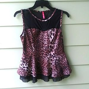 Vintage Leopard & Black Dressy Top Sweetheart Neckline Black Mesh Fitted Waist L